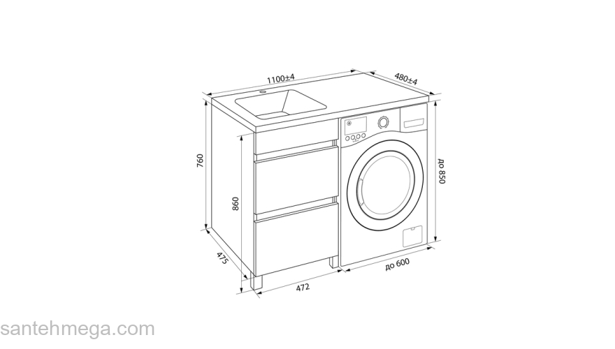 Тумба напольная для стиральной машины с ящиками 110 см белая Optima Home IDDIS OPH110Bi95. Фото