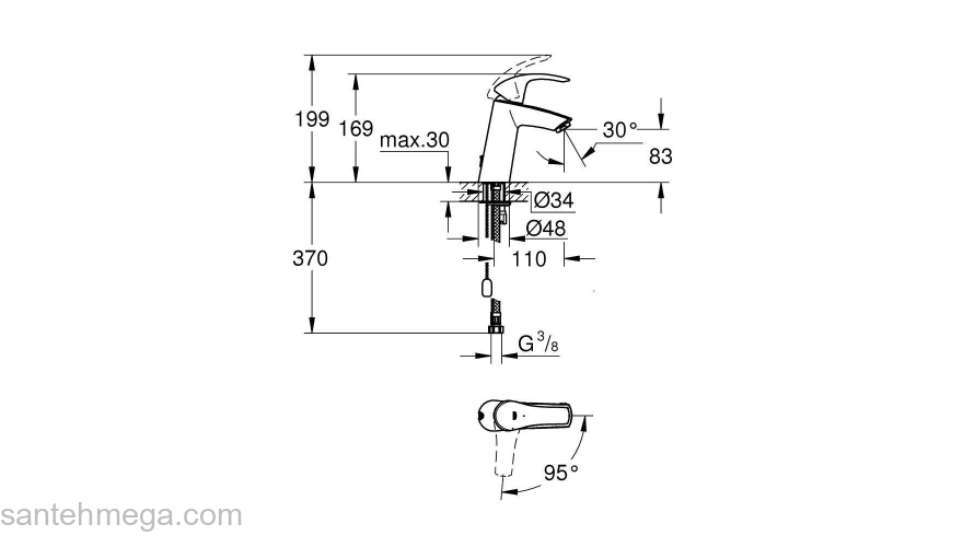 GROHE 2339410E Eurosmart Смеситель однорычажный для раковины с цепочкой, средний излив, с энергосберегающим картриджем - подача холодной воды при центральном положении рычага. Фото